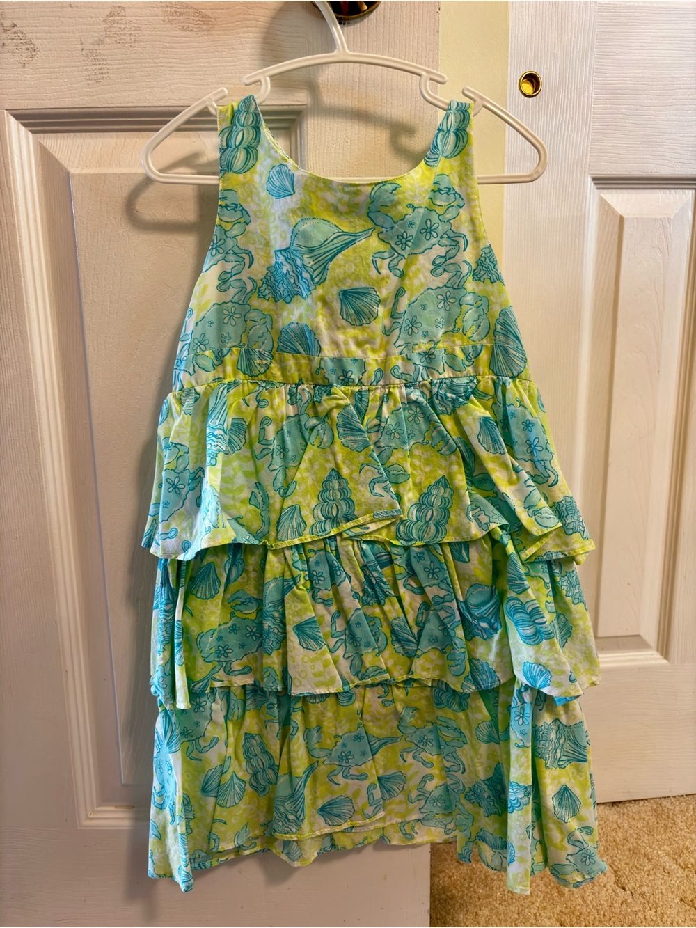 Lilly Pulitzer Girls Tiered Seashell Print Dress in Lime & Aqua